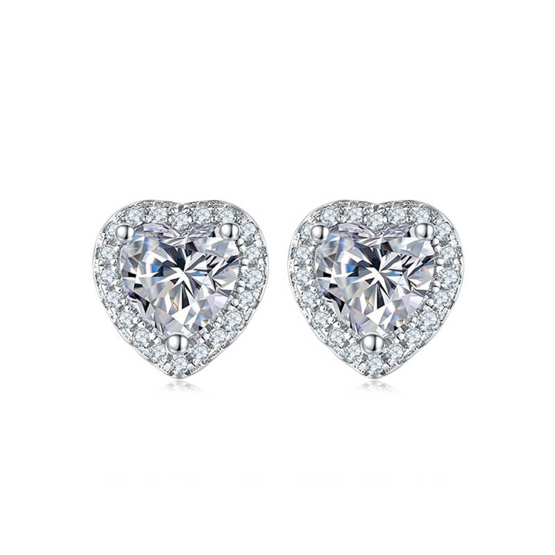 Fine Heart Shape Heart Cut Moissanite Stud Earring with layer Tiny Diamonds Around