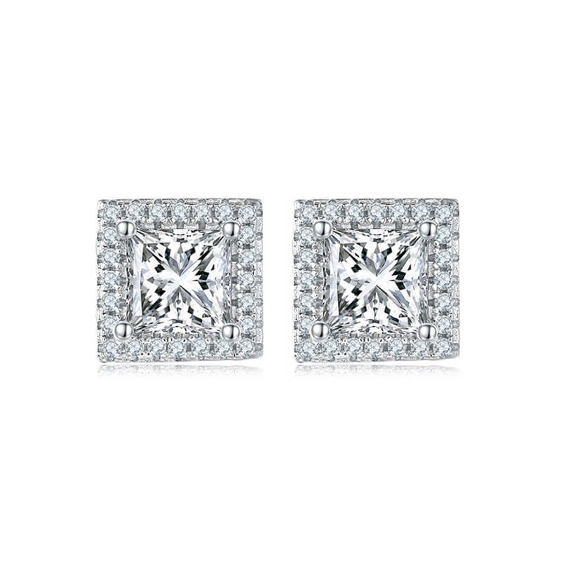 Fine Jewerly Square Shape Princess Cut Moissanite Stud Earring with layer Tiny Diamonds Around