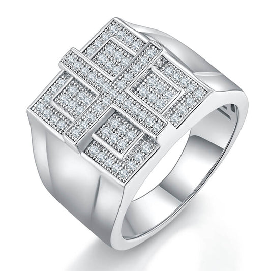 Luxury 925 Silver Moissanite Men Ring Flat Square with Raised Cross Design 0.53ct -JM0010
