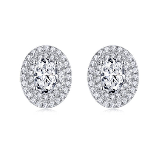 Luxury Egg Shape Oval Cut Moissanite Stud Earring with 2layers Tiny Diamonds Around