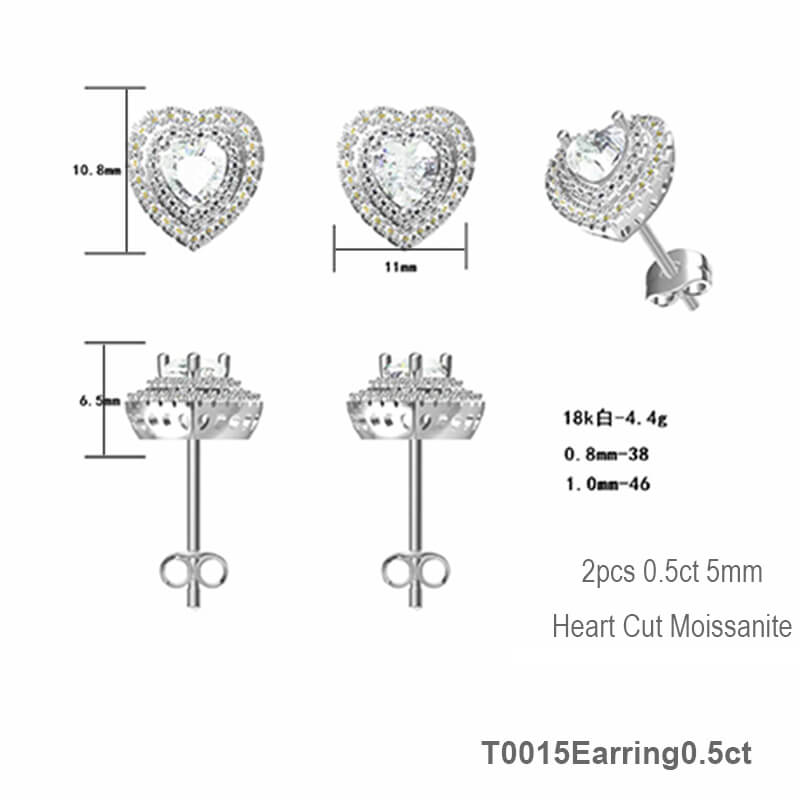 Luxury Heart Shape Heart Cut Moissanite Stud Earring with 2layers Tiny Diamonds Around