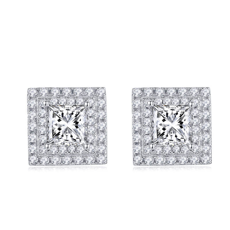 Luxury Square Shape Princess Cut Moissanite Stud Earring with 2layers Tiny Diamonds Around