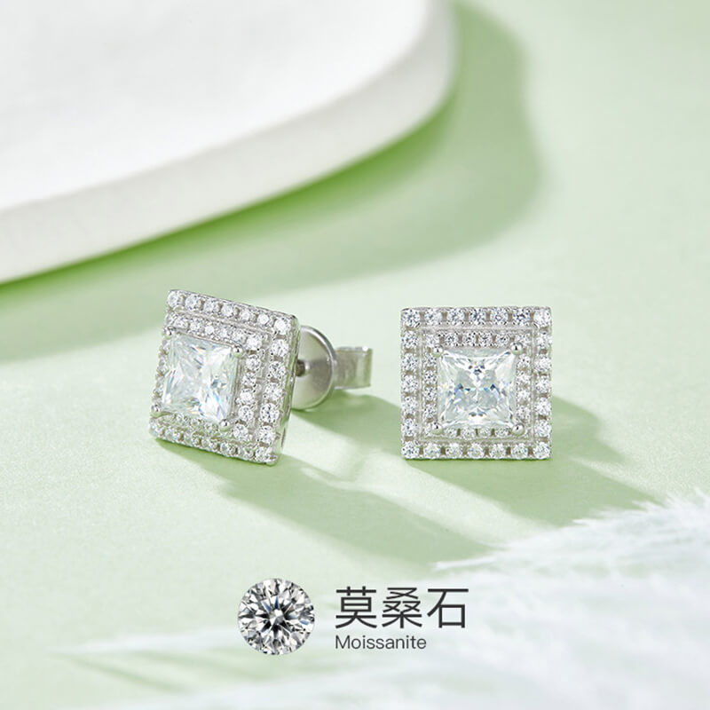 Luxury Square Shape Princess Cut Moissanite Stud Earring with 2layers Tiny Diamonds Around