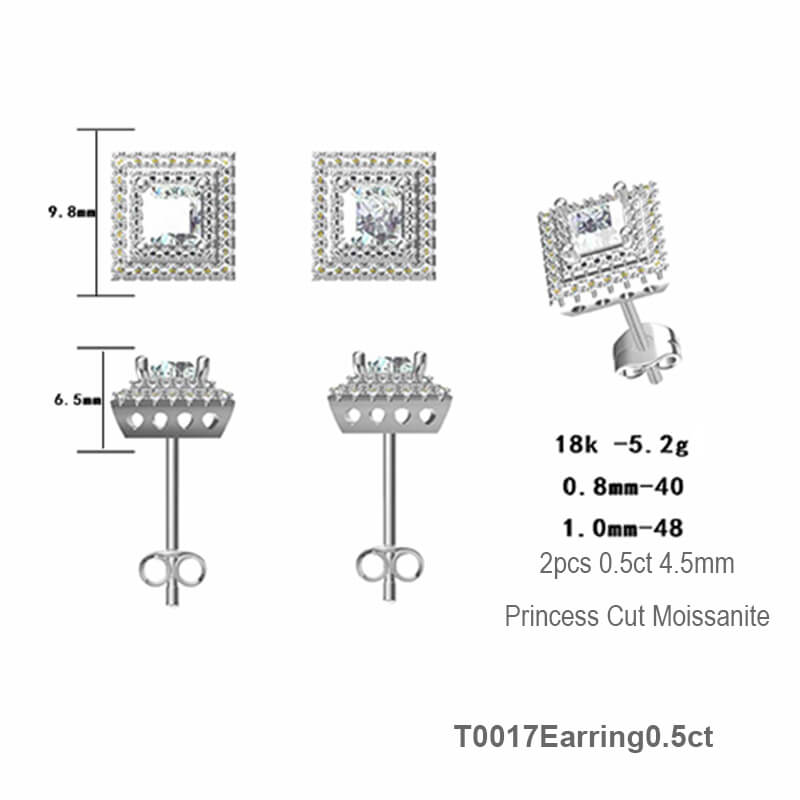 Luxury Square Shape Princess Cut Moissanite Stud Earring with 2layers Tiny Diamonds Around