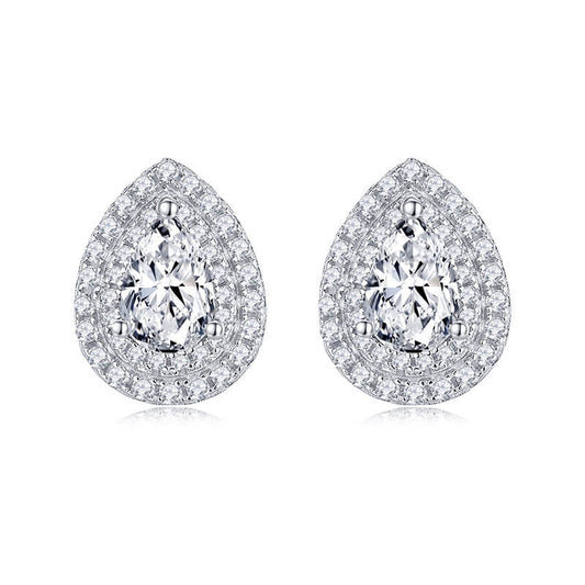 Luxury Water Drop Shape Pear Cut Moissanite Stud Earring with 2layers Tiny Diamonds Around