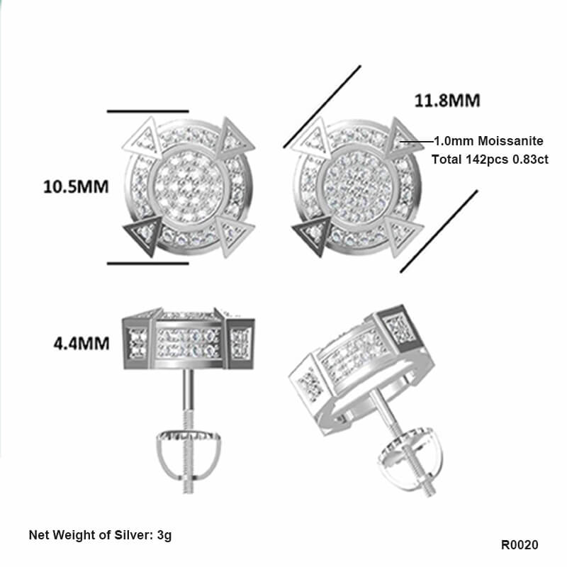 Round Shape 4 Columns Design Moissanite Stud Earring