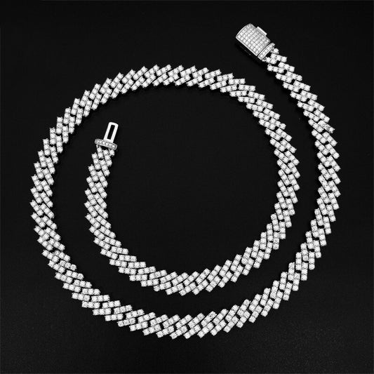 8mm 925 Silver Moissanite Cuban Necklace 1row 3 stones
