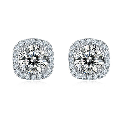 Classic Square Shape Round Moissanite Stud Earring with Tiny Diamond Around