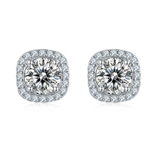 Classic Square Shape Round Moissanite Stud Earring with Tiny Diamond Around