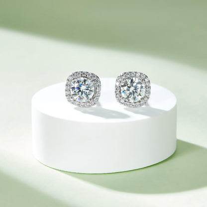 Classic Square Shape Round Moissanite Stud Earring with Tiny Diamond Around