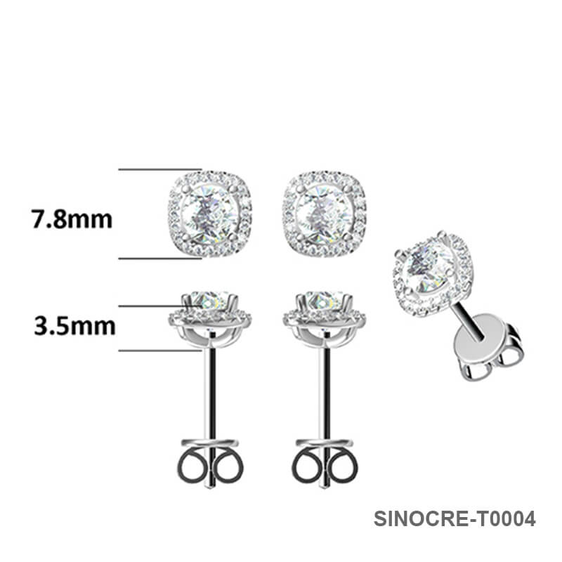 Classic Square Shape Round Moissanite Stud Earring with Tiny Diamond Around