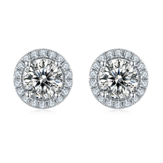 Round Shape Moissanite Stud Earring with Tiny Diamond Around