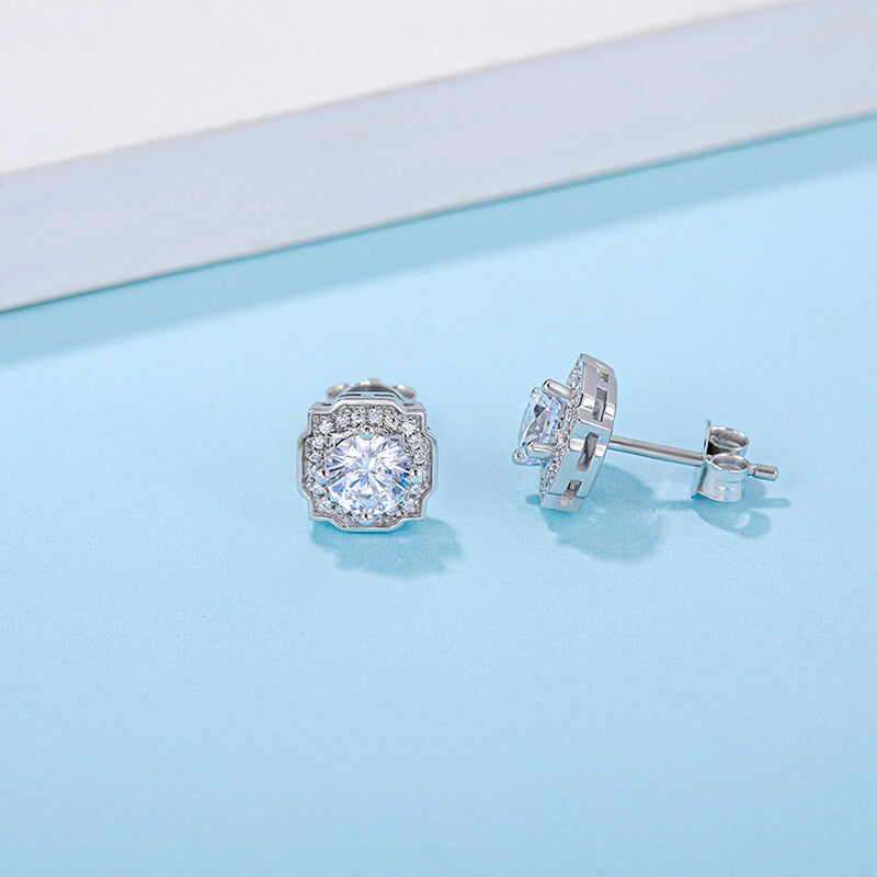 Classic Square Shape Moissanite Stud Earring with Tiny Diamond Around