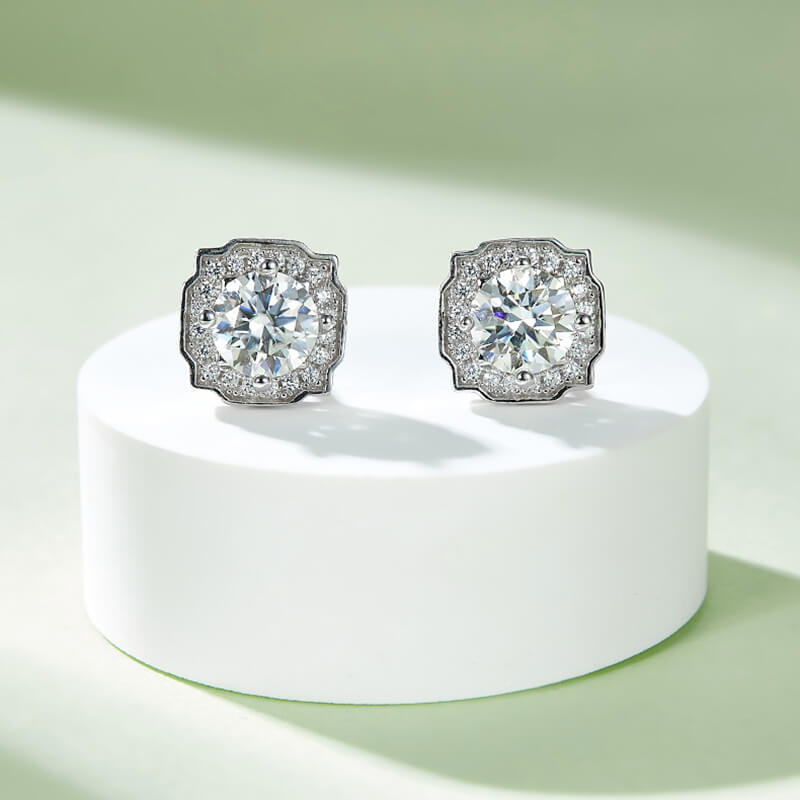 Classic Square Shape Moissanite Stud Earring with Tiny Diamond Around