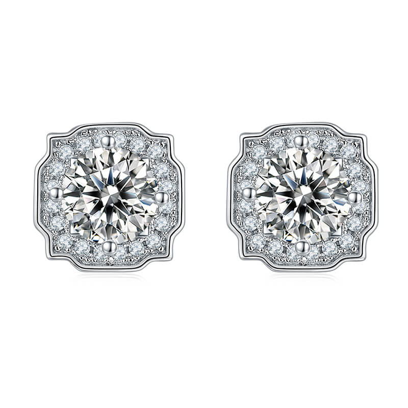 Classic Square Shape Moissanite Stud Earring with Tiny Diamond Around