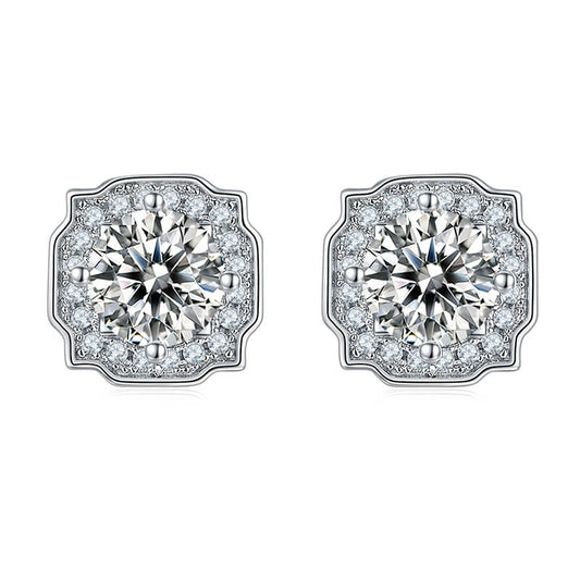 Classic Square Shape Moissanite Stud Earring with Tiny Diamond Around