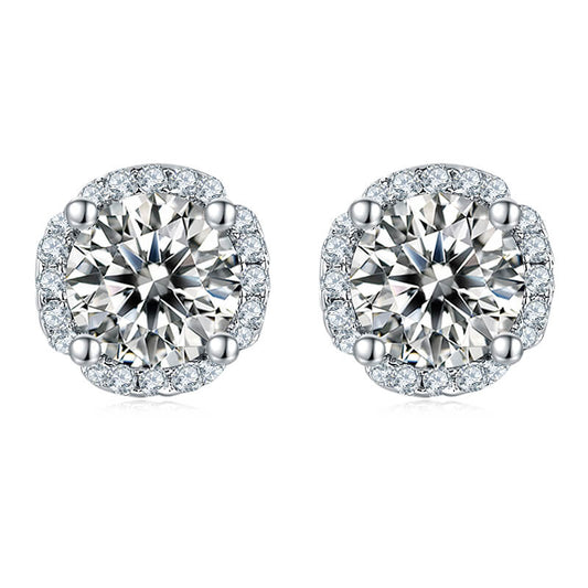 Fashion Round Moissanite Stud Earring with Tiny Diamond Around