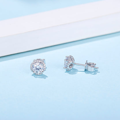 Fashion Round Moissanite Stud Earring with Tiny Diamond Around