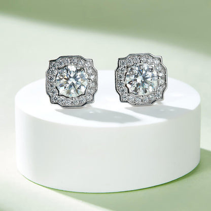 Fashion Square Shape Moissanite Stud Earring with Tiny Diamond Around