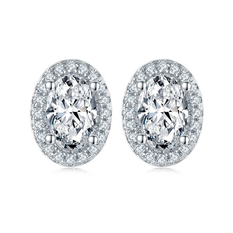 Fine Egg Shape Oval Cut Moissanite Stud Earring with layer Tiny Diamonds Around