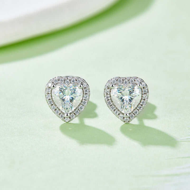 Fine Heart Shape Heart Cut Moissanite Stud Earring with layer Tiny Diamonds Around