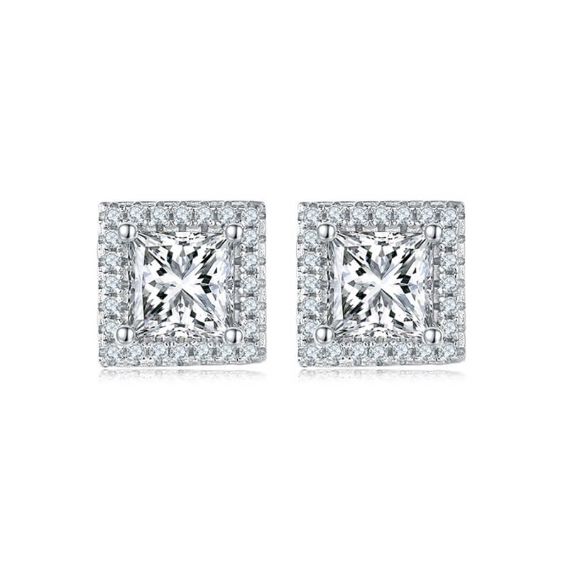 Fine Jewerly Square Shape Princess Cut Moissanite Stud Earring with layer Tiny Diamonds Around