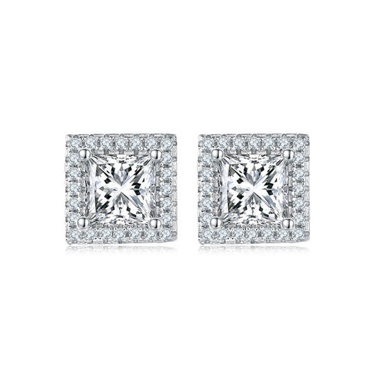 Fine Jewerly Square Shape Princess Cut Moissanite Stud Earring with layer Tiny Diamonds Around