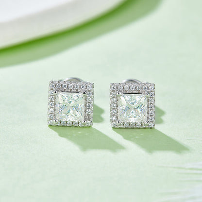 Fine Jewerly Square Shape Princess Cut Moissanite Stud Earring with layer Tiny Diamonds Around