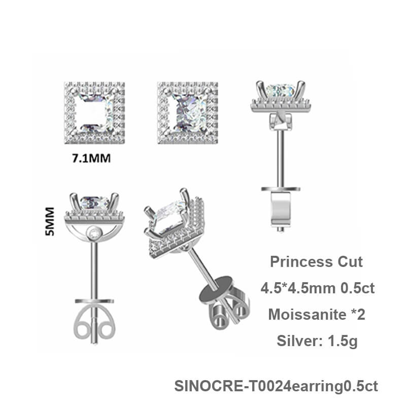 Fine Jewerly Square Shape Princess Cut Moissanite Stud Earring with layer Tiny Diamonds Around