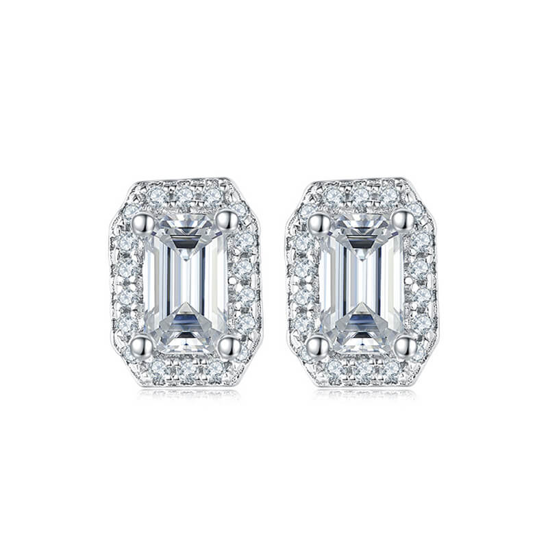 Fine Rectangle Shape Emerald Cut Moissanite Stud Earring with layer Tiny Diamonds Around