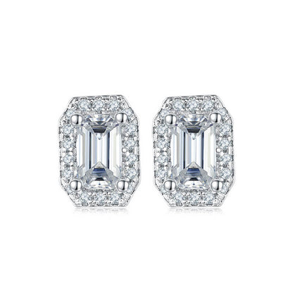 Fine Rectangle Shape Emerald Cut Moissanite Stud Earring with layer Tiny Diamonds Around