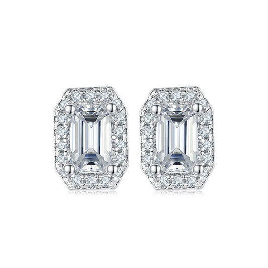 Fine Rectangle Shape Emerald Cut Moissanite Stud Earring with layer Tiny Diamonds Around