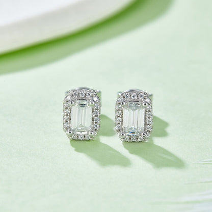 Fine Rectangle Shape Emerald Cut Moissanite Stud Earring with layer Tiny Diamonds Around