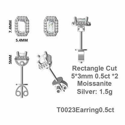 Fine Rectangle Shape Emerald Cut Moissanite Stud Earring with layer Tiny Diamonds Around