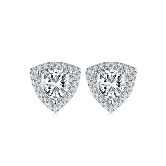 Fine Triangle Shape Triangle Cut Moissanite Stud Earring with layer Tiny Diamonds Around