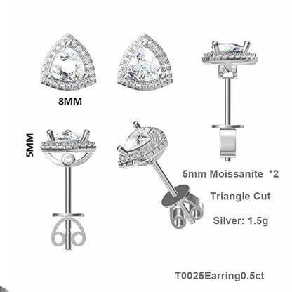 Fine Triangle Shape Triangle Cut Moissanite Stud Earring with layer Tiny Diamonds Around