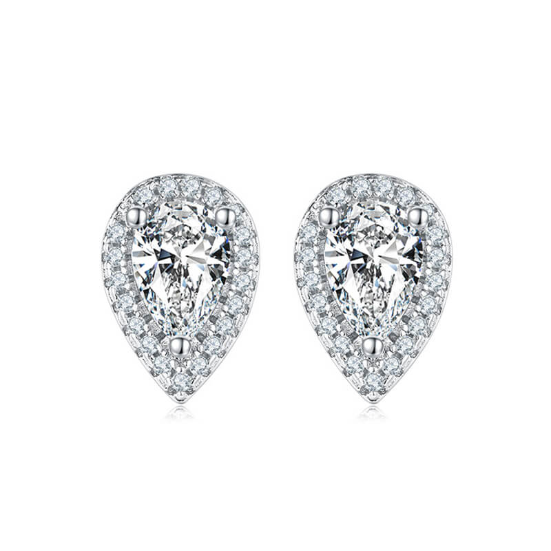 Fine Water Drop Shape Pear Cut Moissanite Stud Earring with layer Tiny Diamonds Around