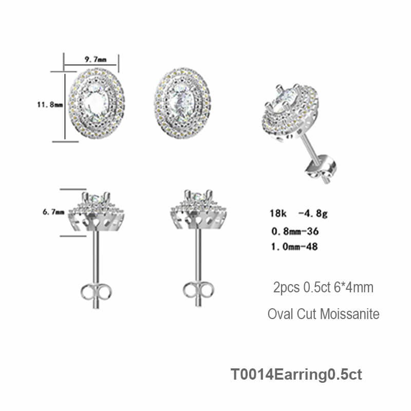 Luxury Egg Shape Oval Cut Moissanite Stud Earring with 2layers Tiny Diamonds Around