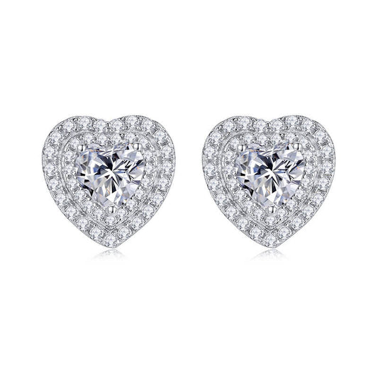 Luxury Heart Shape Heart Cut Moissanite Stud Earring with 2layers Tiny Diamonds Around