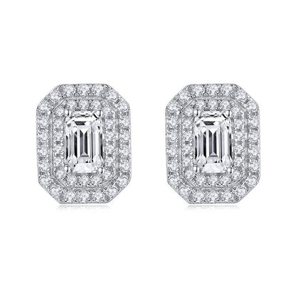 Luxury Rectangle Shape Emerald Cut Moissanite Stud Earring with 2layers Tiny Diamonds Around