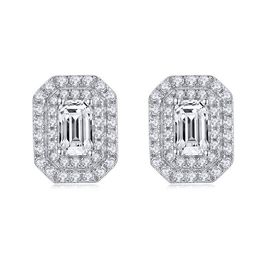 Luxury Rectangle Shape Emerald Cut Moissanite Stud Earring with 2layers Tiny Diamonds Around