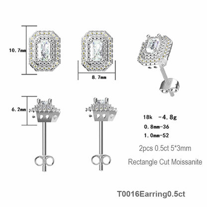 Luxury Rectangle Shape Emerald Cut Moissanite Stud Earring with 2layers Tiny Diamonds Around