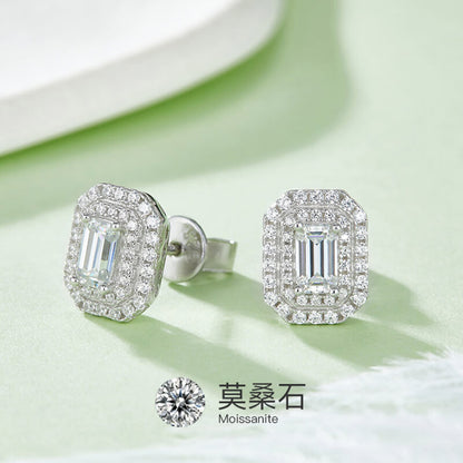 Luxury Rectangle Shape Emerald Cut Moissanite Stud Earring with 2layers Tiny Diamonds Around