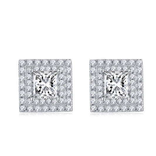 Luxury Square Shape Princess Cut Moissanite Stud Earring with 2layers Tiny Diamonds Around