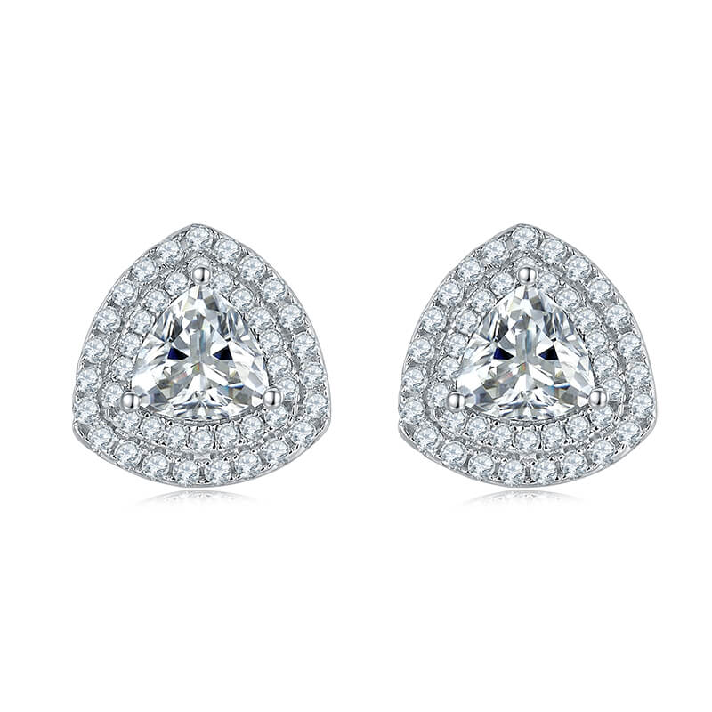 Luxury Trigonal Shape Triangle Cut Moissanite Stud Earring with 2layers Tiny Diamonds Around