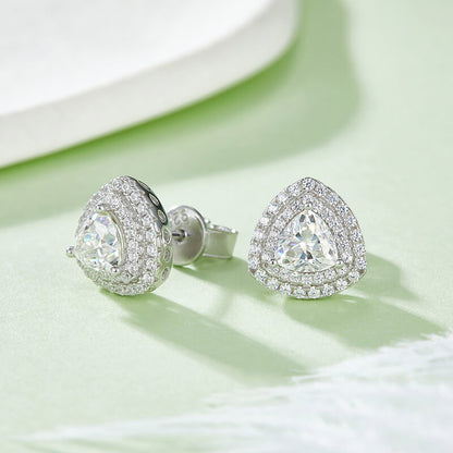 Luxury Trigonal Shape Triangle Cut Moissanite Stud Earring with 2layers Tiny Diamonds Around