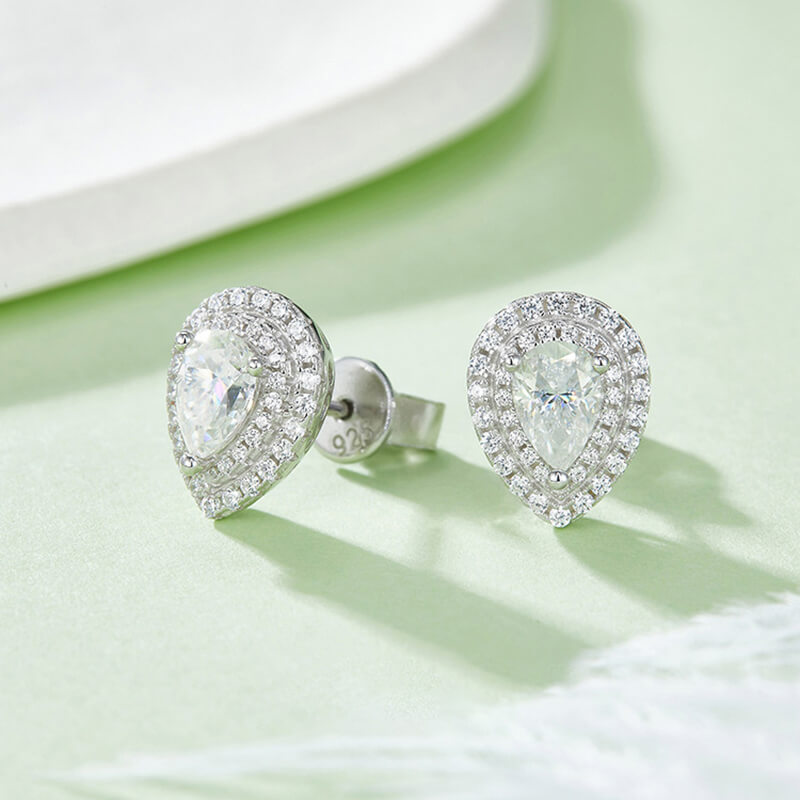 Luxury Water Drop Shape Pear Cut Moissanite Stud Earring with 2layers Tiny Diamonds Around