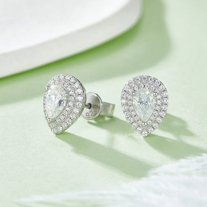 Luxury Water Drop Shape Pear Cut Moissanite Stud Earring with 2layers Tiny Diamonds Around