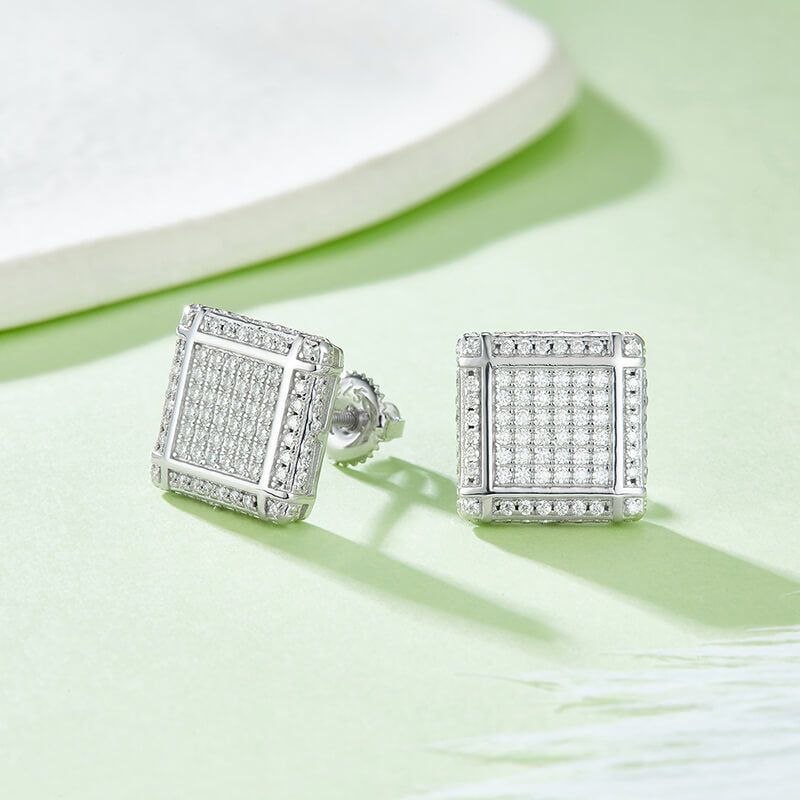 Square Shape Lattice Design Moissanite Stud Earring