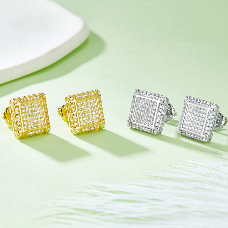 Square Shape Lattice Design Moissanite Stud Earring